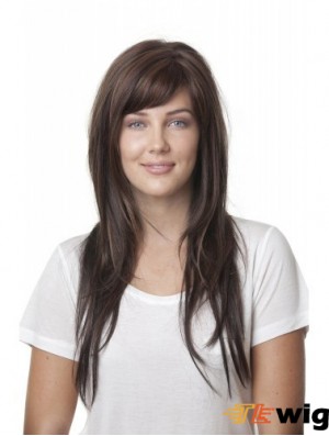 Ideal Brown Straight With Bangs Monofilament Long Wigs