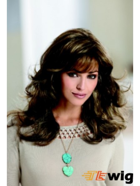 Sleek Brown Wavy With Bangs Capless Long Wigs