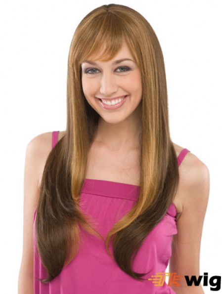 Fashionable Brown Straight With Bangs Capless Long Wigs