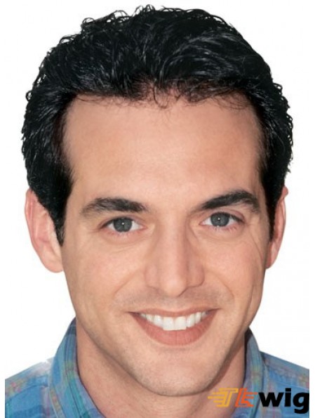 Mens Toupees UK With Monofilamentt Short Length Black Color Wavy Style