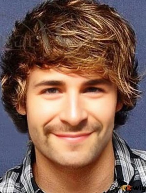 Capless Remy Huamn Brown Wavy Short Hair Wigs For Men