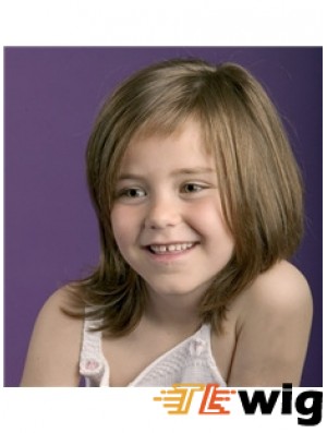 Straight Shoulder Length Brown Remy Human Hair 100% Hand-tied Kids Wigs