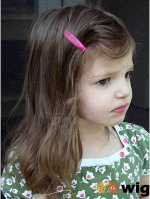 Straight Shoulder Length Brown Remy Human Hair Lace Front Kids Wigs