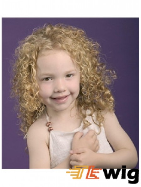 Curly Shoulder Length Blonde Synthetic 100% Hand-tied Kids Wigs