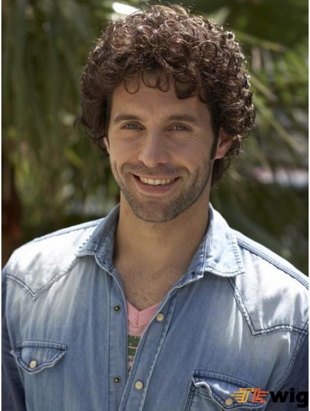 8 inch Remy Human Curly Capless Mens Short Brown Curly Wig