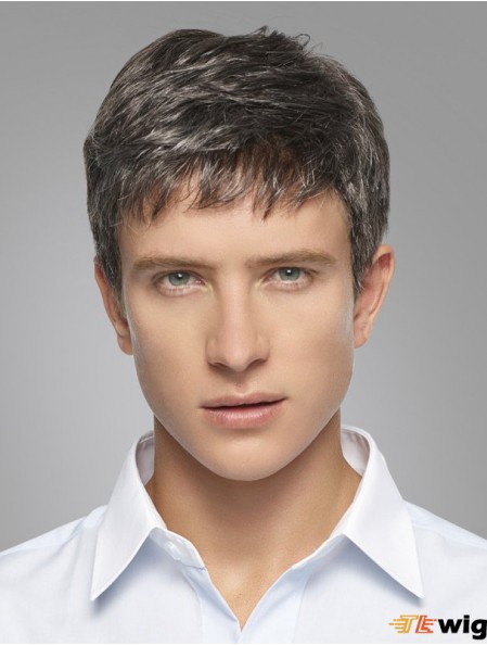 4 inch Synthetic 100% Hand Tied Straight Mens Short Grey Wig