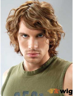 Lace Front Brown Remy Human Curly With Bangs Men's Wigs In UK
