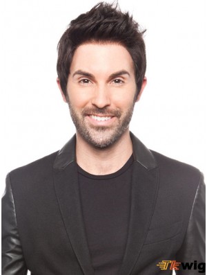 Black Straight Short 100% Hand Tied Mens Black Wigs
