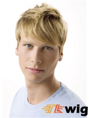 Remy Human 100% Hand Tied Short Wavy Blonde Wigs For Men