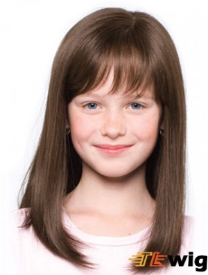 Straight Shoulder Length Brown Synthetic 100% Hand-tied Kids Wigs