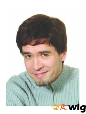 Capless Brown Synthetic Short Straight Natural Mans Wigs
