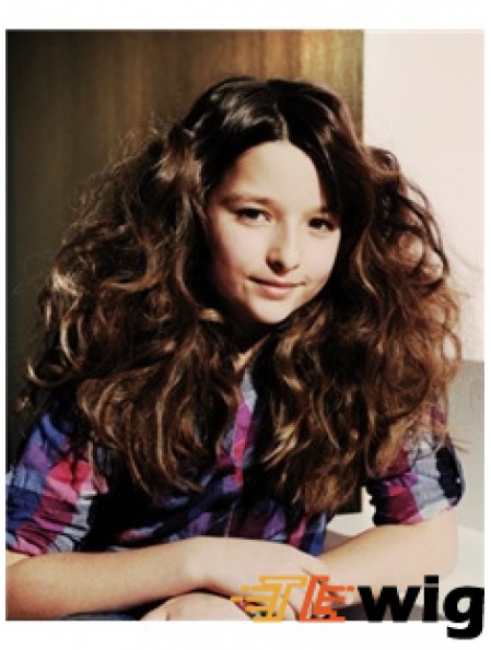 Wavy Long Brown Synthetic 100% Hand-tied Kids Wigs