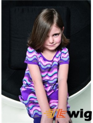 Straight Chin Length Brown Remy Human Hair 100% Hand-tied Kids Wigs