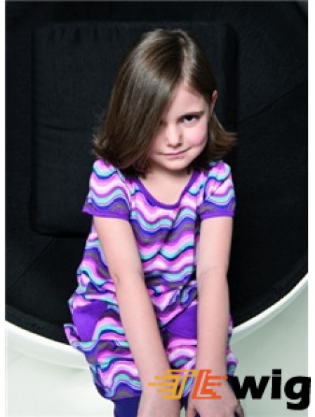 Straight Chin Length Brown Remy Human Hair 100% Hand-tied Kids Wigs