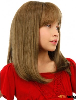 Straight Shoulder Length Blonde Remy Human Hair Lace Front Kids Wigs