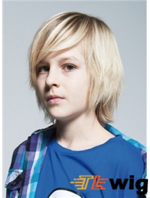 Straight Chin Length Blonde Remy Human Hair Capless Kids Wigs
