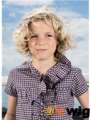 Curly Chin Length Blonde Synthetic 100% Hand-tied Kids Wigs
