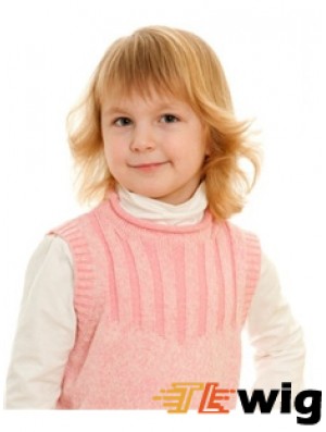 Wavy Shoulder Length Blonde Remy Human Hair 100% Hand-tied Kids Wigs