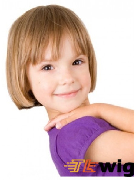 Straight Short Blonde Remy Human Hair 100% Hand-tied Kids Wigs