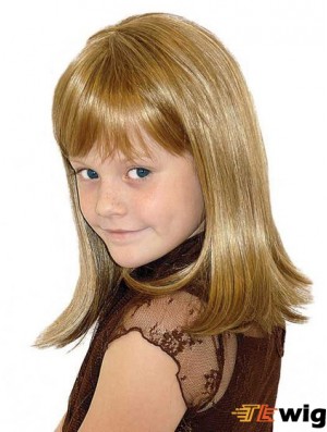 Straight Shoulder Length Blonde Synthetic 100% Hand-tied Kids Wigs