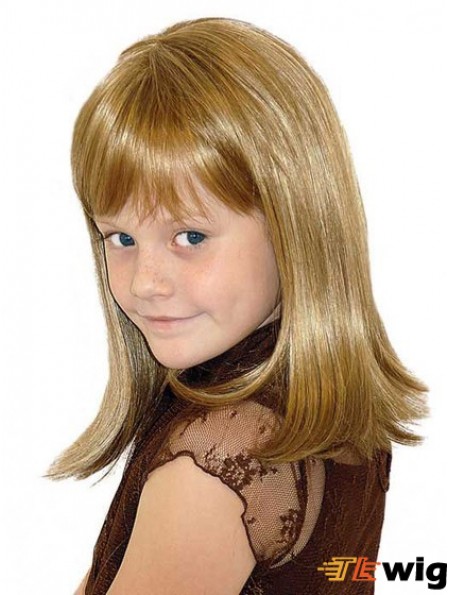 Straight Shoulder Length Blonde Synthetic 100% Hand-tied Kids Wigs
