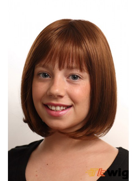 Straight Chin Length Auburn Synthetic Monofilament Kids Wigs