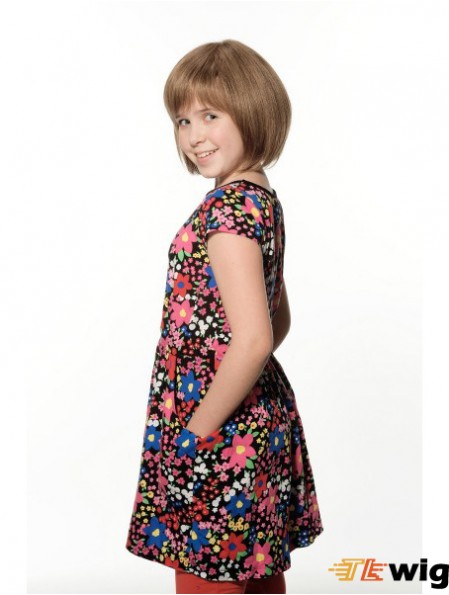 Straight Chin Length Brown Remy Human Hair 100% Hand-tied Kids Wigs