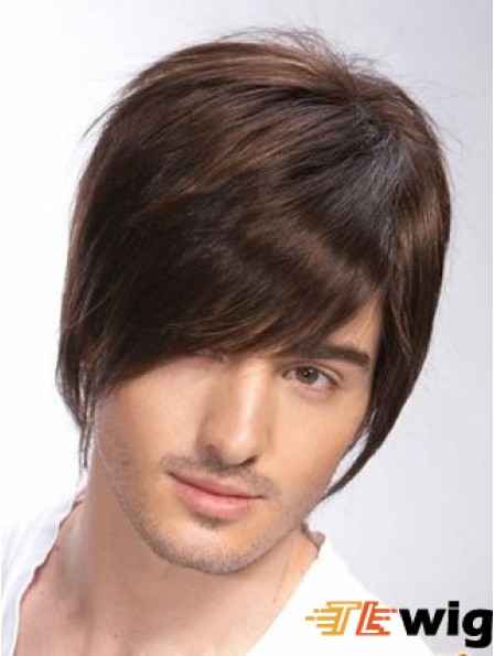 100% Hand Tied Brown Remy Human Short Straight Wigs Man
