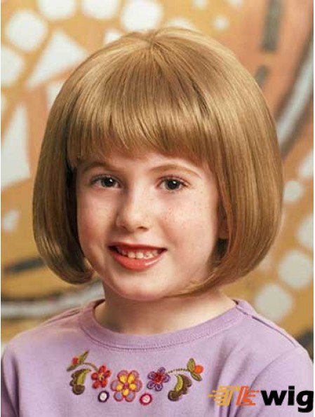 Straight Chin Length Blonde Synthetic 100% Hand-tied Kids Wigs
