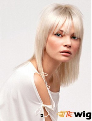Lace Front With Bangs Shoulder Length Straight 14 inch Platinum Blonde No-Fuss Fashion Wigs