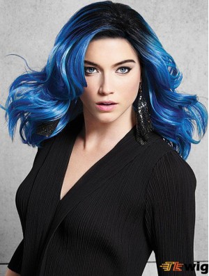 Shoulder Length Great Blue Synthetic Without Bangs Lace Front Wigs