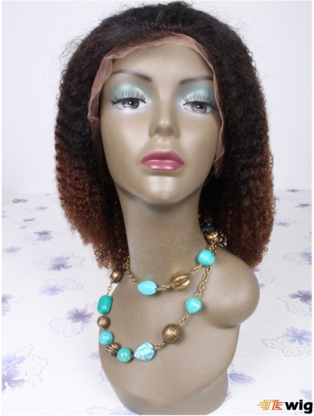 Shoulder Length Curly Without Bangs Full Lace 16 inch Sleek Black Women Wigs