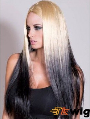 Suitable Ombre/2 Tone Long Straight Without Bangs 22 inch Human Lace Wigs