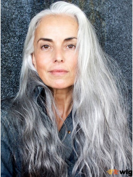 Long Wigs 100% Hand Tied With Remy Wavy Style Grey Cut