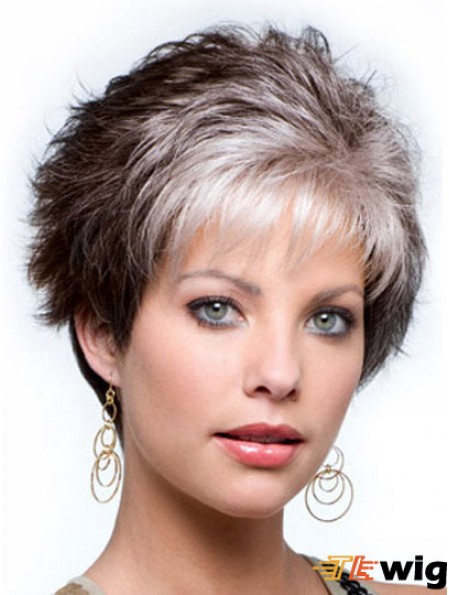 Capless Cropped Grey Wavy Synthetic Wig For Elderly lady